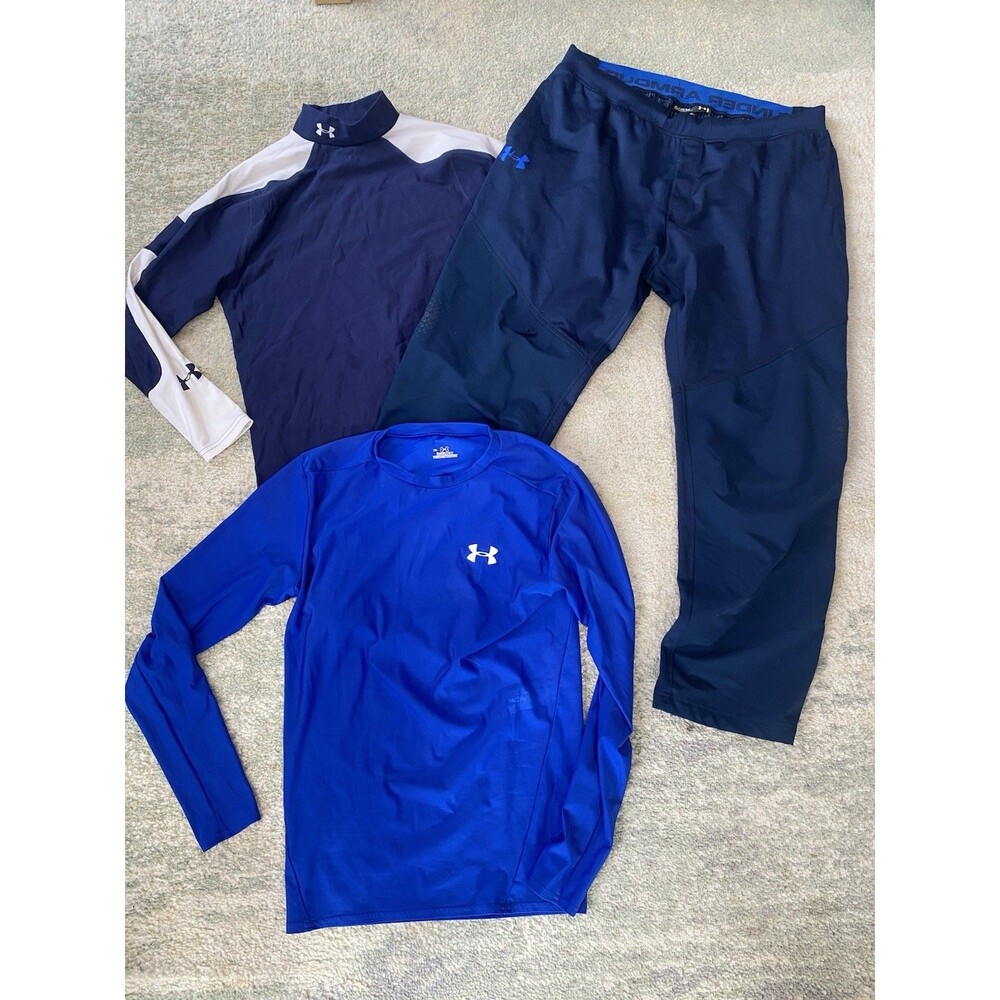 LOT (3) Under Armour Size XL ColdGear Infrared Pants Base Layer Mock Neck Blue